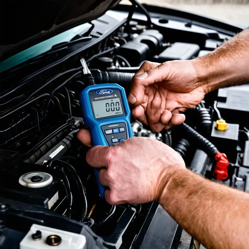 Mechanic inspecting a Ford engine